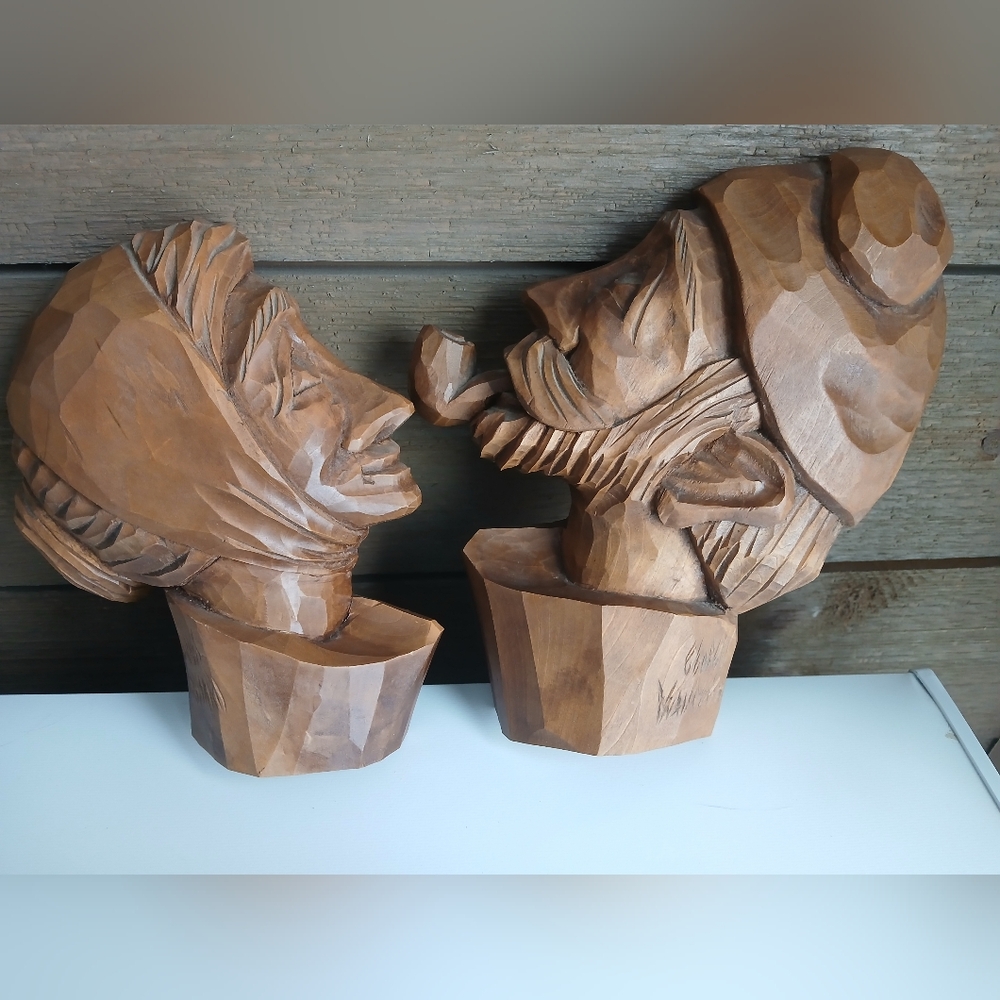 Pair of GEORGES BEAUREGARD Wood Sculptures Old Sailor Woman Canada Folk Art